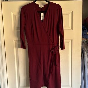 NWT LOFT Burgundy Faux Wrap Dress Sz M 3/4 Sleeve